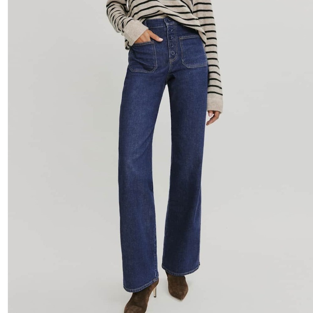 Reformation Victoria High Rise Wide Leg Jeans Skala Blue Button Fly 24